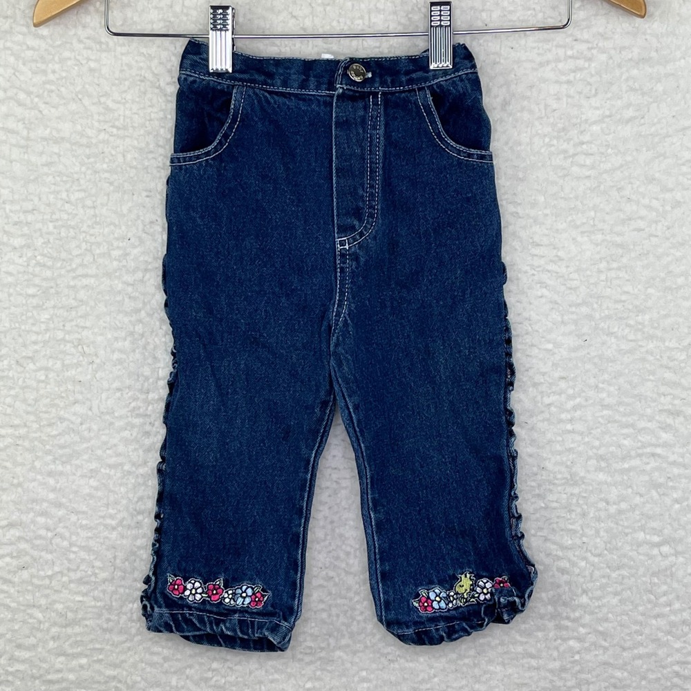 Vintage Baby Girls Blue‎ Denim Floral Embroidered Ruffle Jeans Peanuts 2T 24M